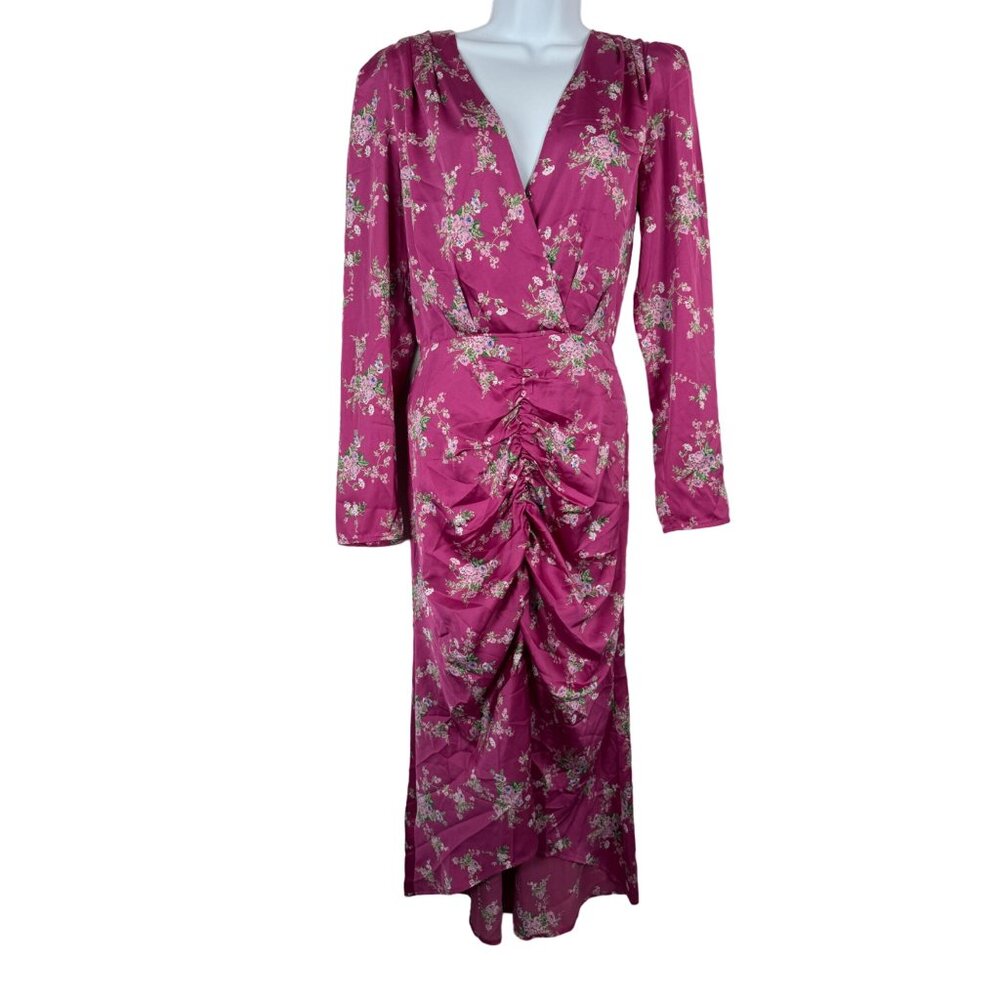 Wayf Ronnie Hot Pink Satin Ruched Midi Dress Cocktail Sz M
